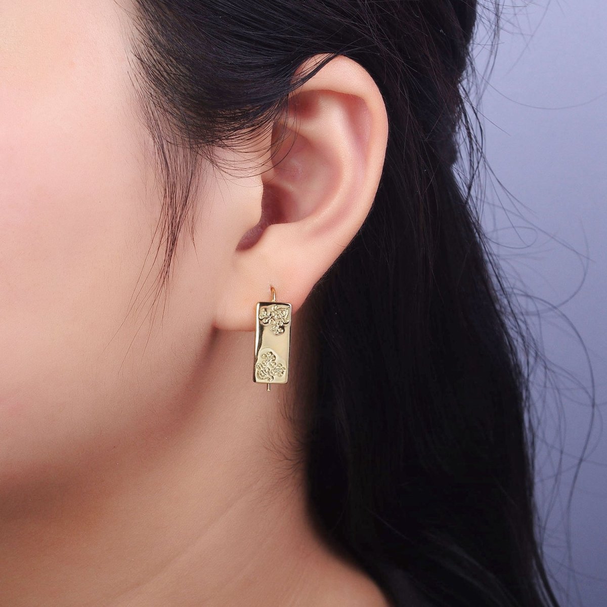 14K Gold Filled Floral Engraved Bar Backward Latch Earrings | AD1466 - DLUXCA