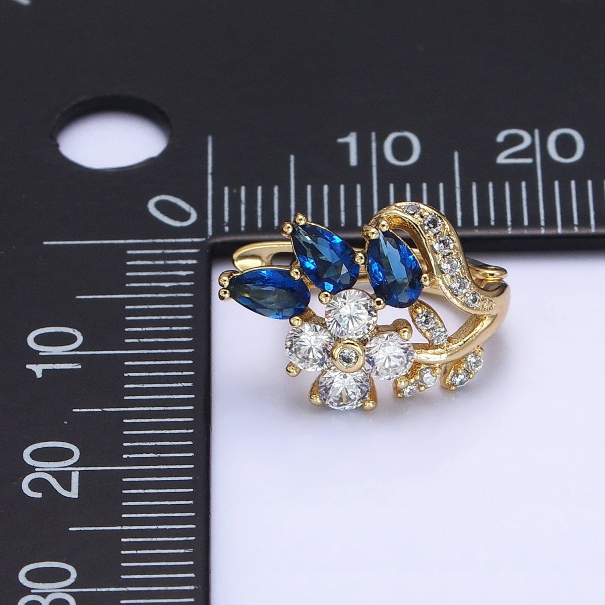 14K Gold Filled Flower Blue Teardrop Micro Paved CZ 13mm Huggie Earrings | AD1384 - DLUXCA