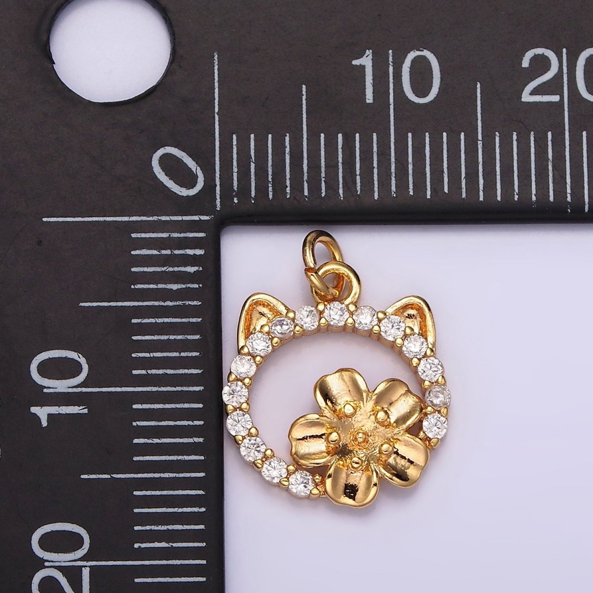 14K Gold Filled Flower Cat Open Micro Paved CZ Round Charm | N1767 - DLUXCA