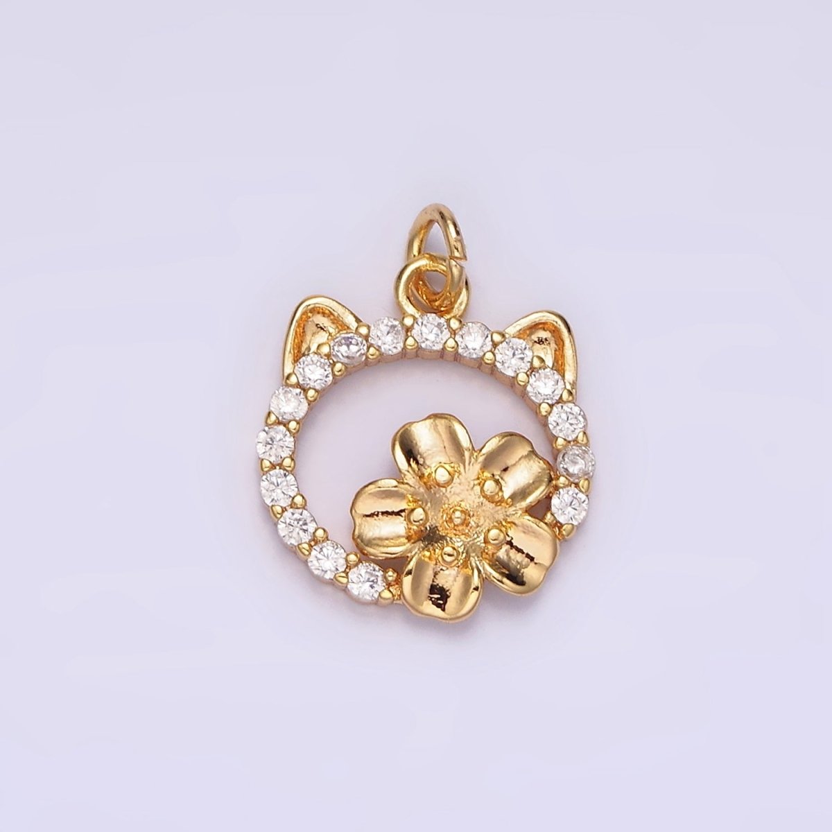 14K Gold Filled Flower Cat Open Micro Paved CZ Round Charm | N1767 - DLUXCA