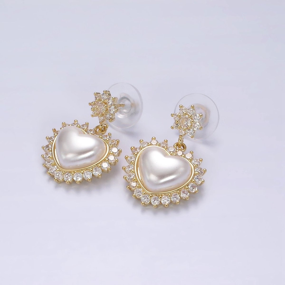 14K Gold Filled Flower CZ Heart Shell Pearl Drop Stud Earrings in Gold & Silver | AE317 AE318 - DLUXCA