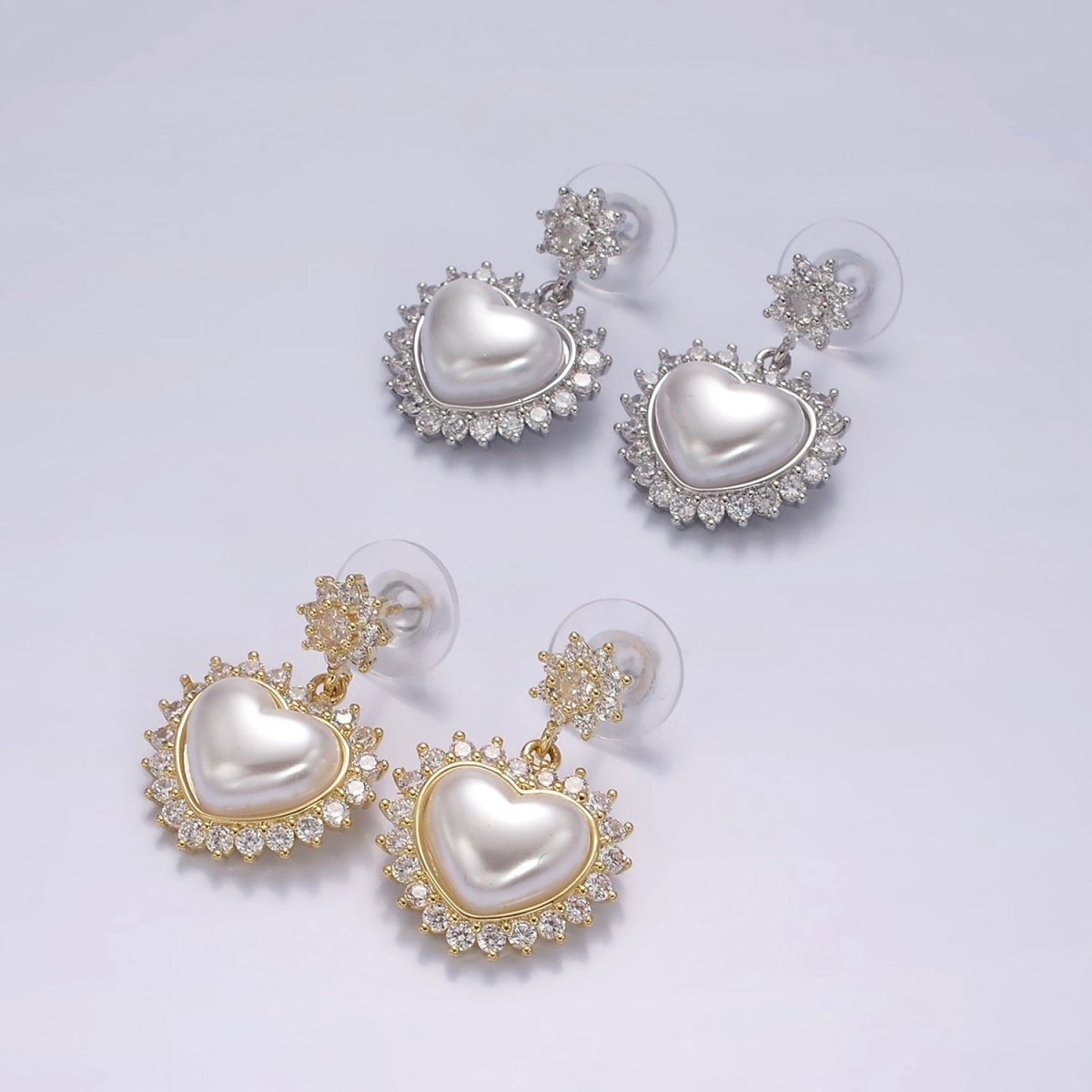14K Gold Filled Flower CZ Heart Shell Pearl Drop Stud Earrings in Gold & Silver | AE317 AE318 - DLUXCA