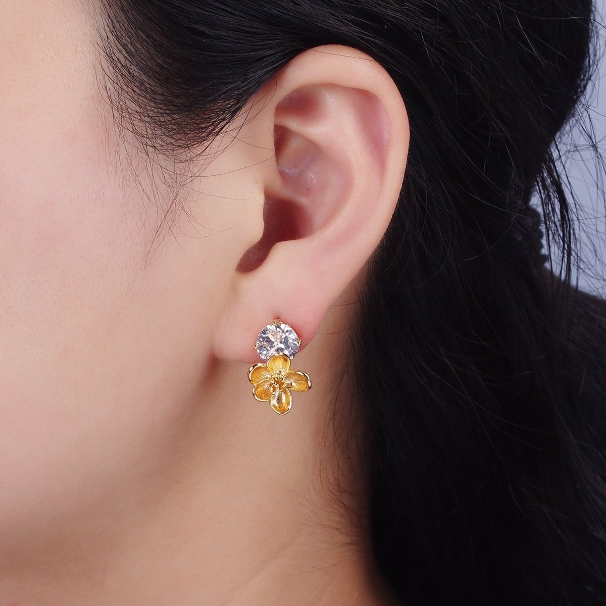 14K Gold Filled Flower Drop Clear CZ Round Stud Earrings Set | AE970 - DLUXCA