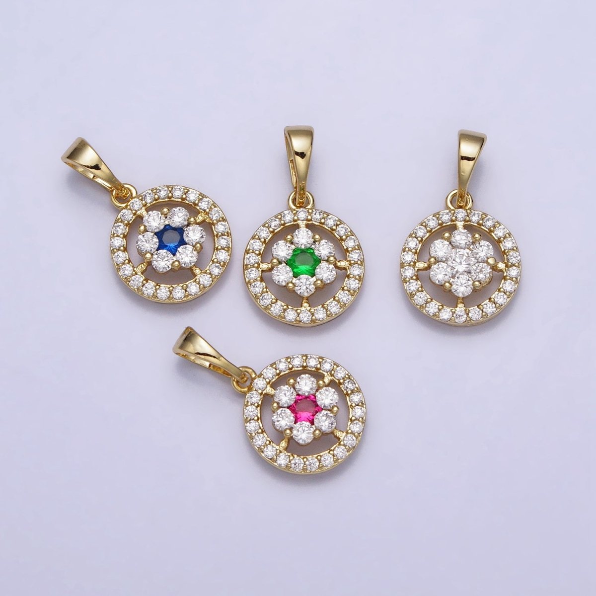 14K Gold Filled Flower Green, Blue, Fuchsia, Clear CZ Flower Micro Paved Round Pendant | AA042 - AA045 - DLUXCA