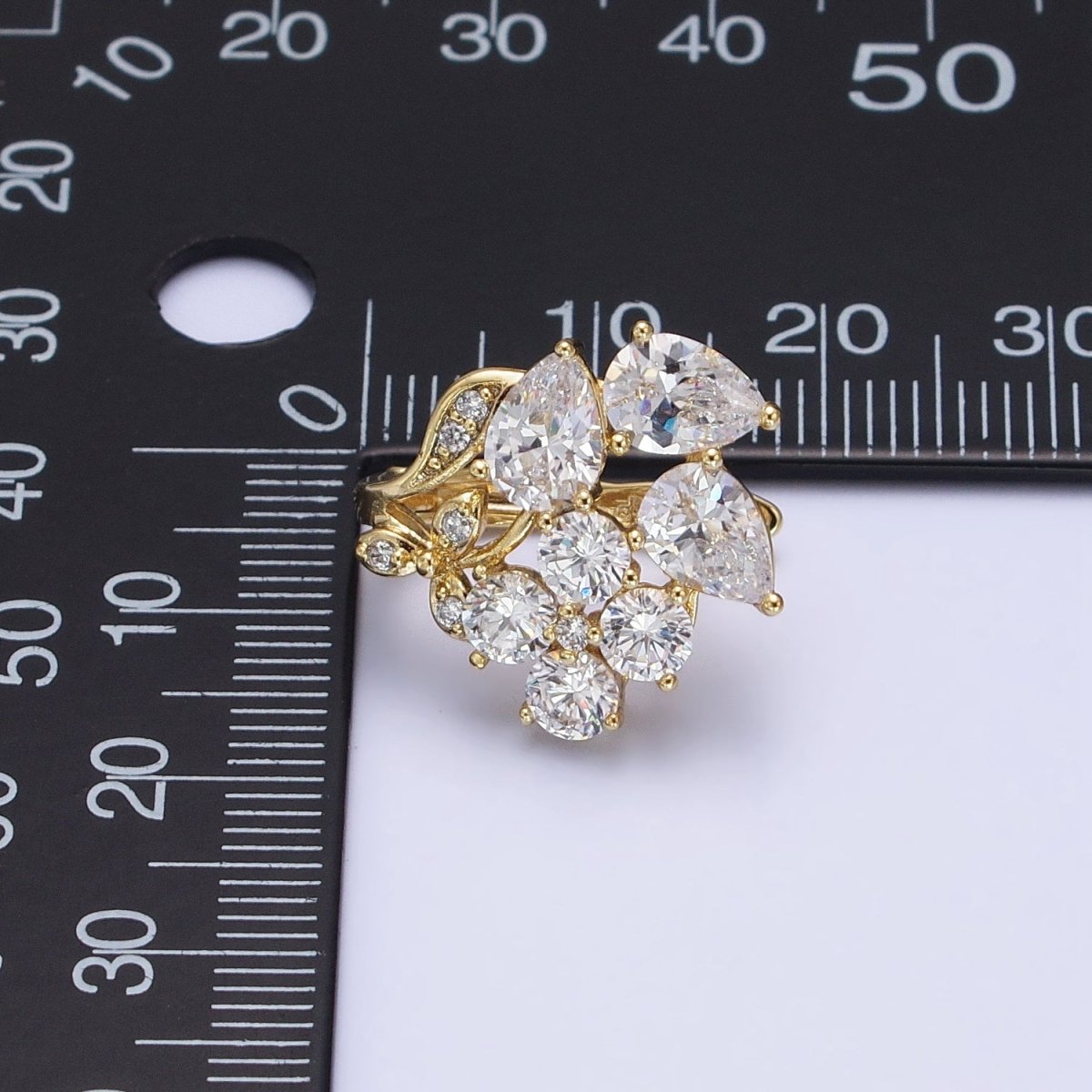 14K Gold Filled Flower Leaf Clear, Black CZ Teardrop Quatrefoil Micro Paved Huggie Earrings | AD1433 AD1434 - DLUXCA