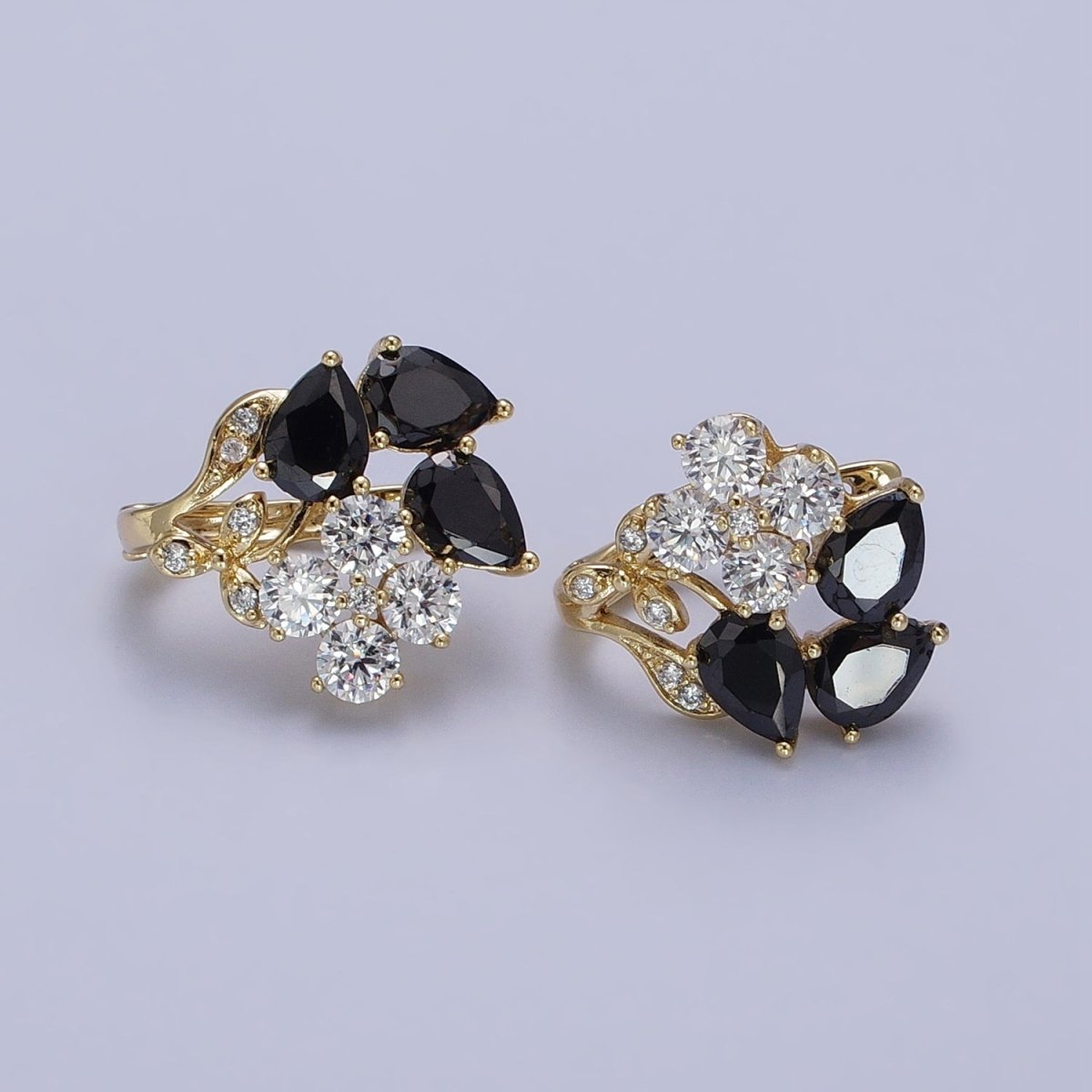 14K Gold Filled Flower Leaf Clear, Black CZ Teardrop Quatrefoil Micro Paved Huggie Earrings | AD1433 AD1434 - DLUXCA