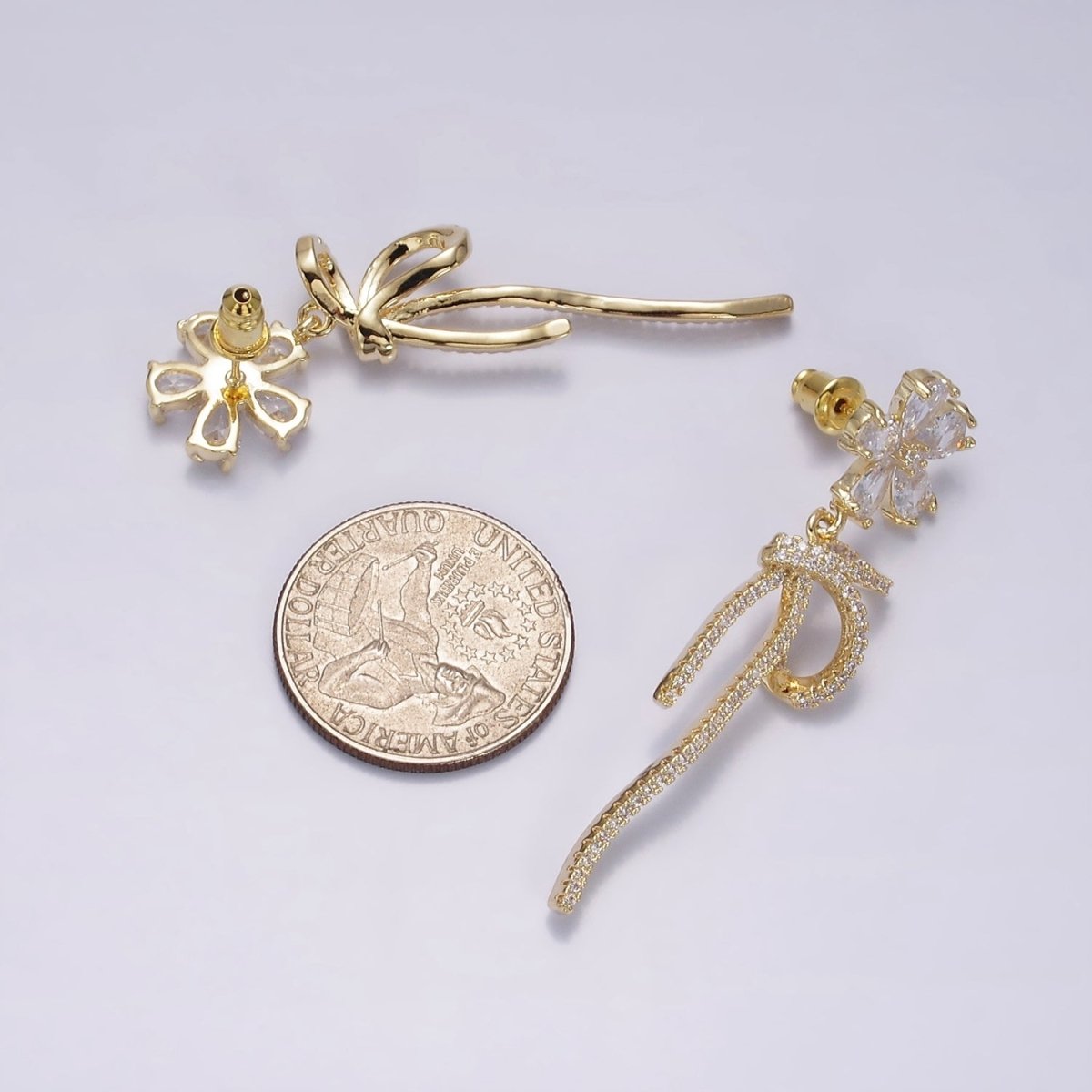 14K Gold Filled Flower Ribbon Bow Micro Paved CZ Drop Stud Earrings Set in Gold & Silver | AE248 AE249 - DLUXCA