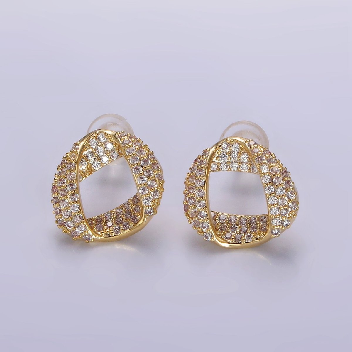 14K Gold Filled Folded Micro Paved CZ Geometric Open Stud Earrings in Gold & Silver | V310 V311 - DLUXCA