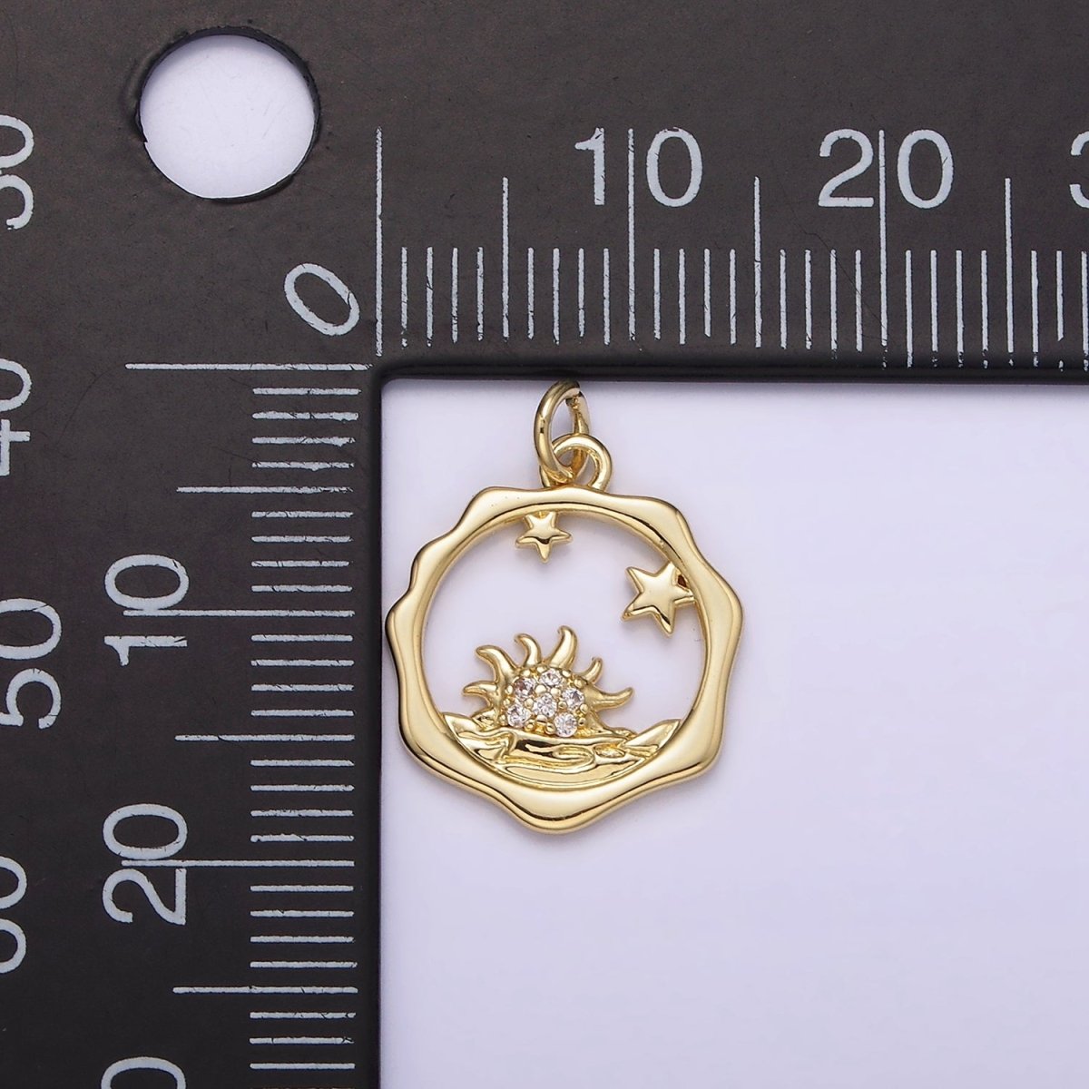 14K Gold Filled Frame Micro Paved CZ Celestial Stars Sun Set Sea Open Wavy Round Charm | AG218 - DLUXCA