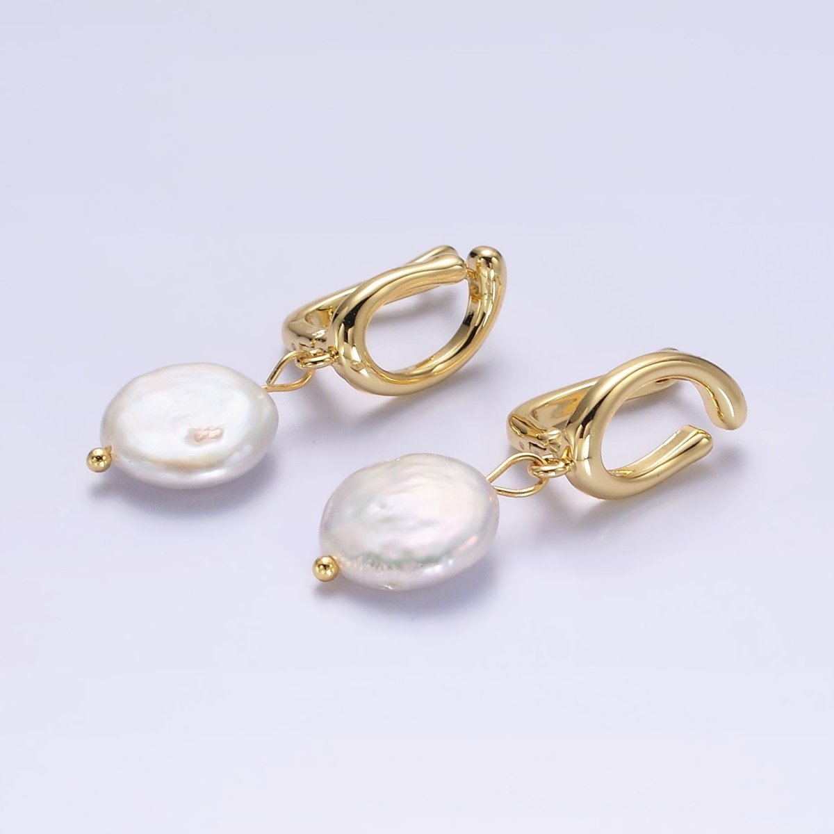 14K Gold Filled Freshwater Pearl Drop Dented Open Oblong English Lock Earrings | AE672 - DLUXCA