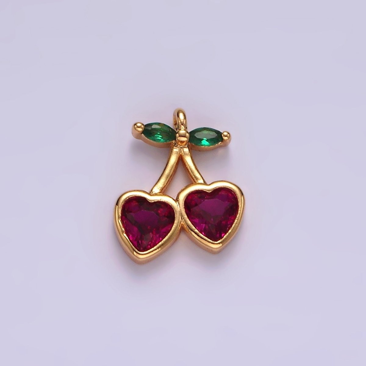 14K Gold Filled Fuchsia CZ Heart Cherry Fruit Mini Add-On Charm | AC820 - DLUXCA