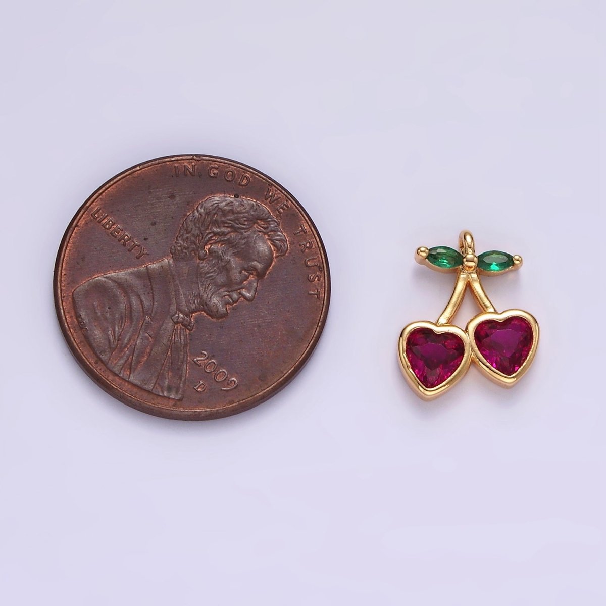 14K Gold Filled Fuchsia CZ Heart Cherry Fruit Mini Add-On Charm | AC820 - DLUXCA