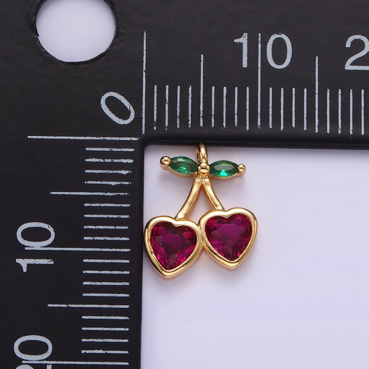 14K Gold Filled Fuchsia CZ Heart Cherry Fruit Mini Add-On Charm | AC820 - DLUXCA