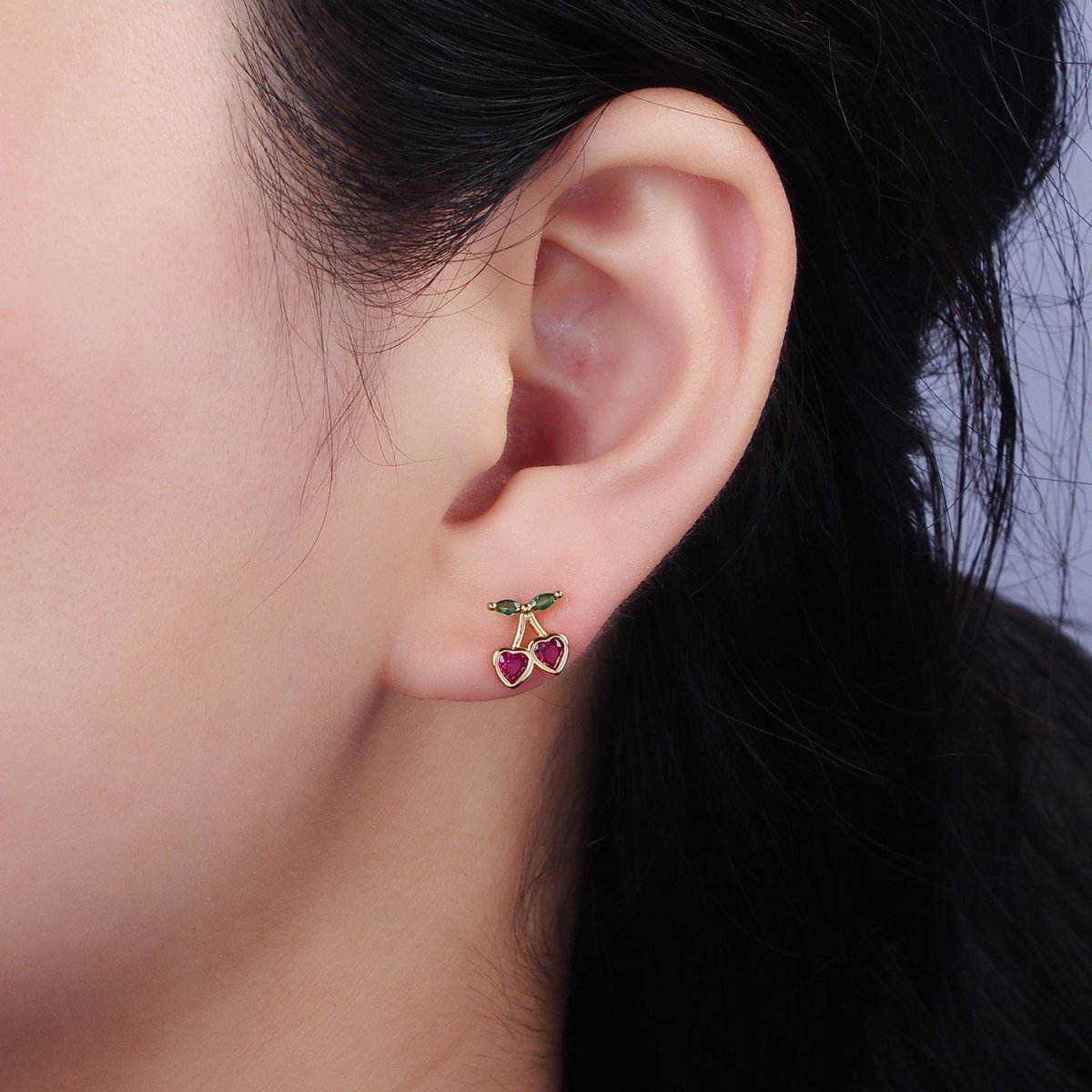 14K Gold Filled Fuchsia CZ Heart Cherry Fruit Stud Earrings | AE971 - DLUXCA