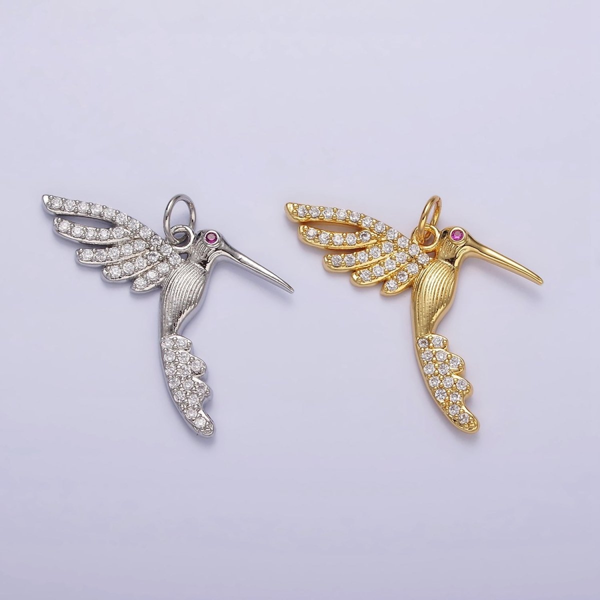 14K Gold Filled Fuchsia CZ Hummingbird Clear Micro Paved Wings Charm in Gold & Silver | N1089 N1090 - DLUXCA