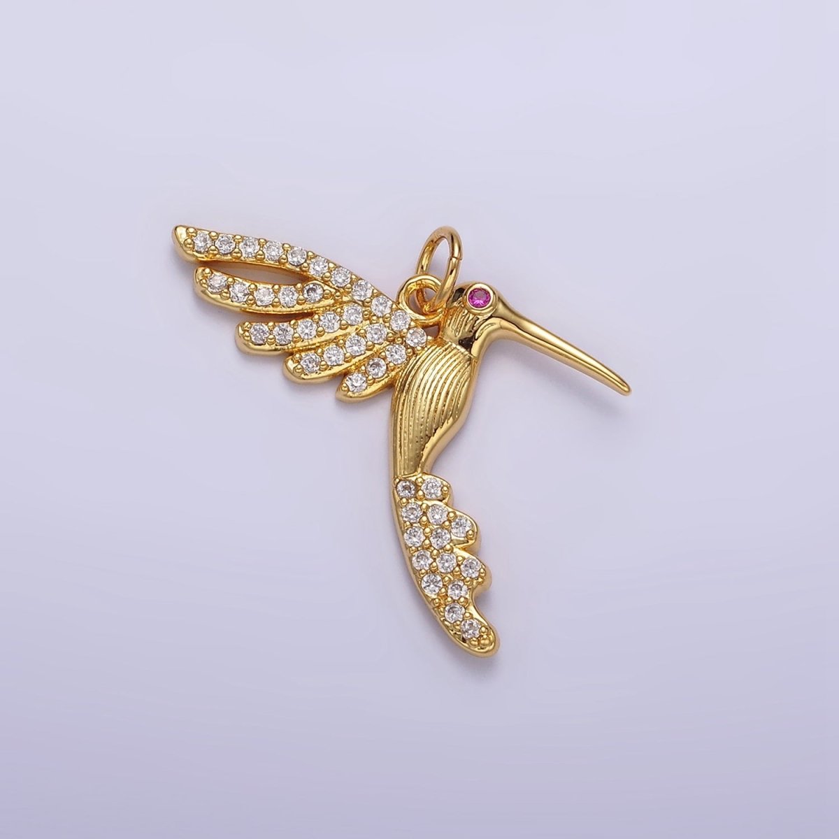 14K Gold Filled Fuchsia CZ Hummingbird Clear Micro Paved Wings Charm in Gold & Silver | N1089 N1090 - DLUXCA