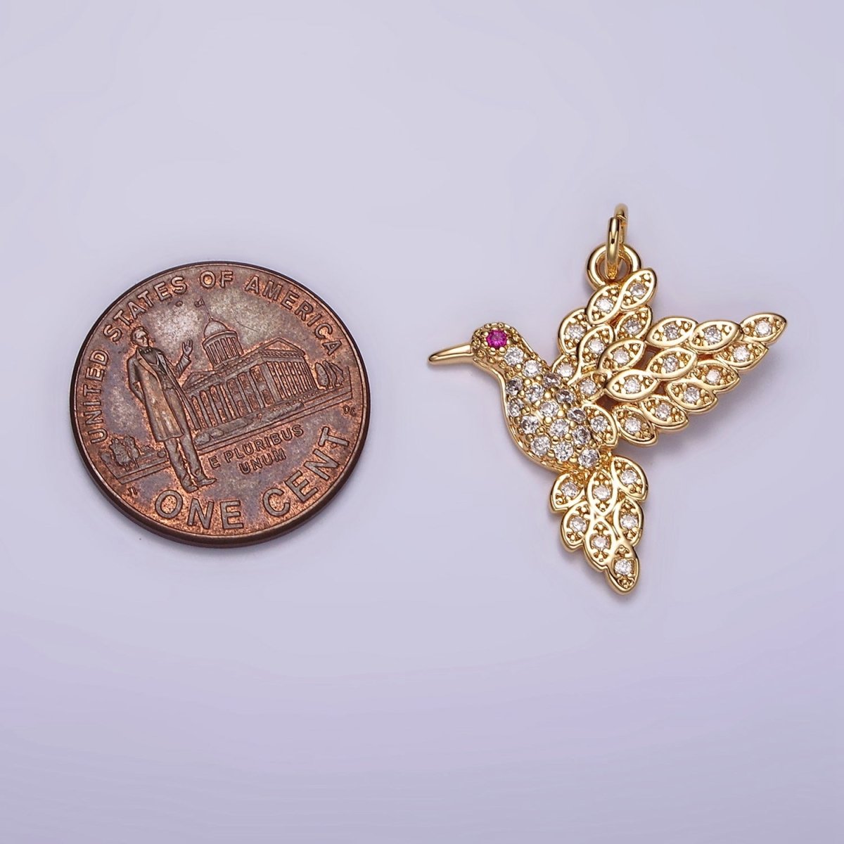 14K Gold Filled Fuchsia-Eyed Bird Animal Micro Paved CZ Charm | AG458 - DLUXCA