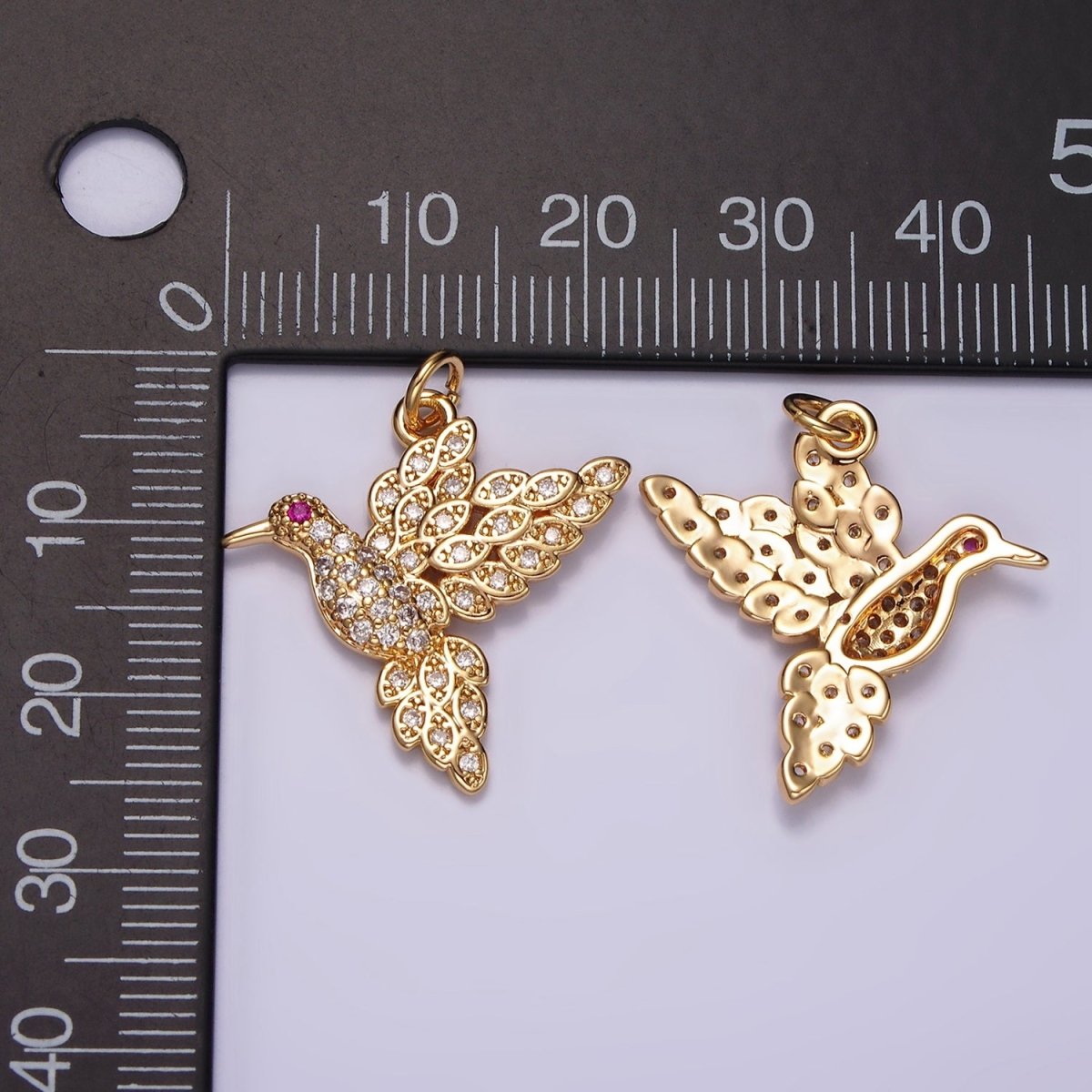 14K Gold Filled Fuchsia-Eyed Bird Animal Micro Paved CZ Charm | AG458 - DLUXCA