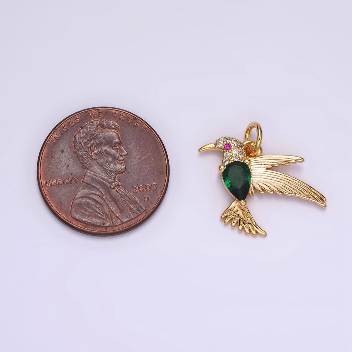 14K Gold Filled Fuchsia-Eyed Clear, Green Teardrop Micro Paved CZ Bird Charm | AG357 AG358 - DLUXCA