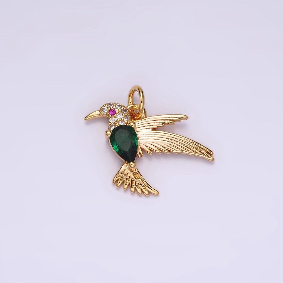 14K Gold Filled Fuchsia-Eyed Clear, Green Teardrop Micro Paved CZ Bird Charm | AG357 AG358 - DLUXCA