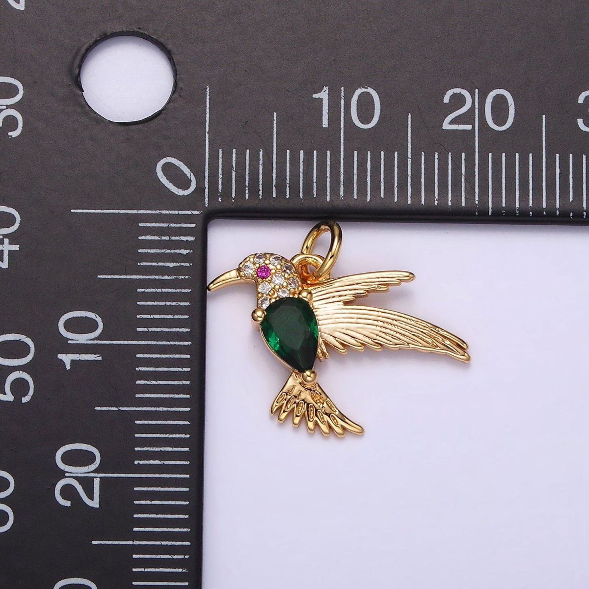 14K Gold Filled Fuchsia-Eyed Clear, Green Teardrop Micro Paved CZ Bird Charm | AG357 AG358 - DLUXCA