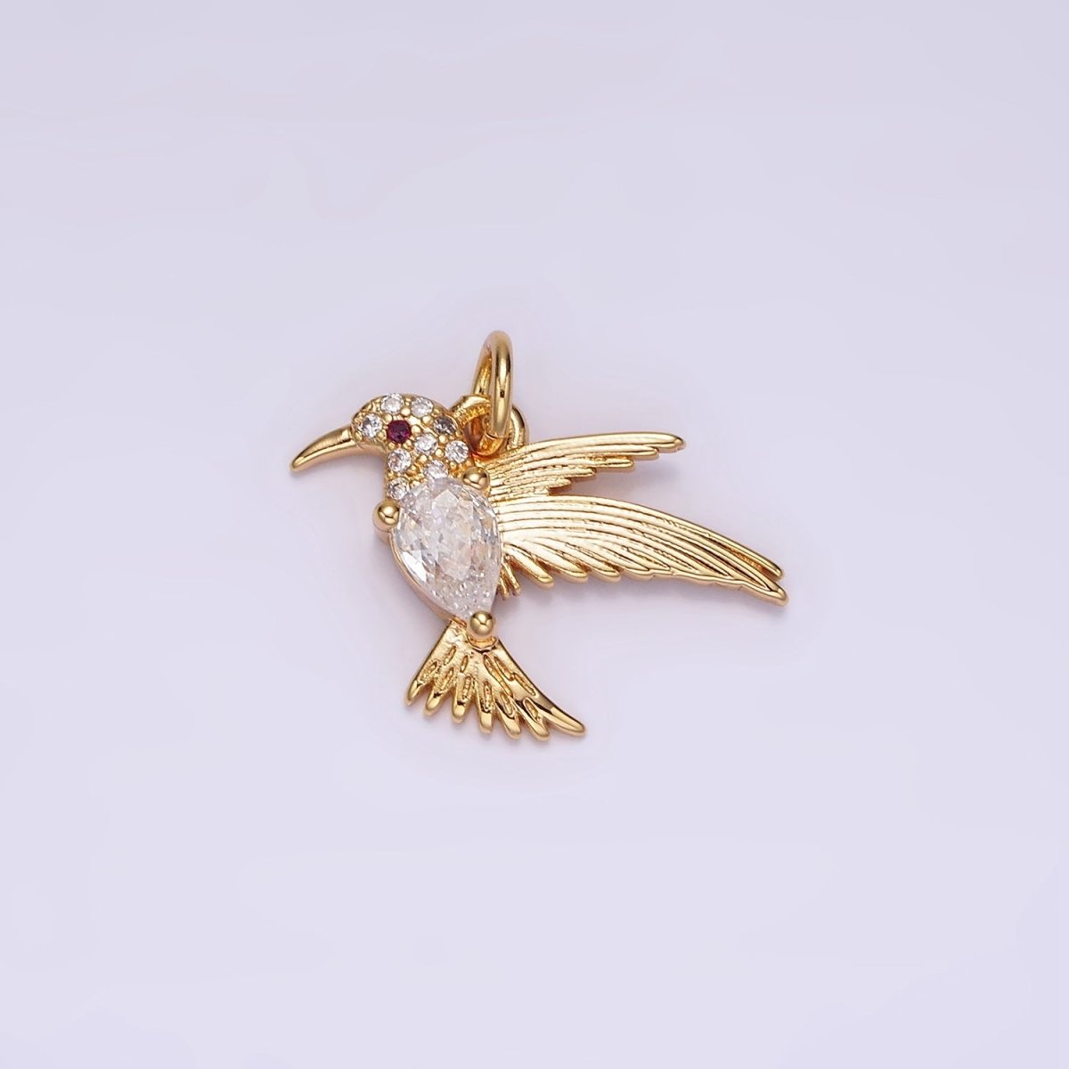 14K Gold Filled Fuchsia-Eyed Clear, Green Teardrop Micro Paved CZ Bird Charm | AG357 AG358 - DLUXCA