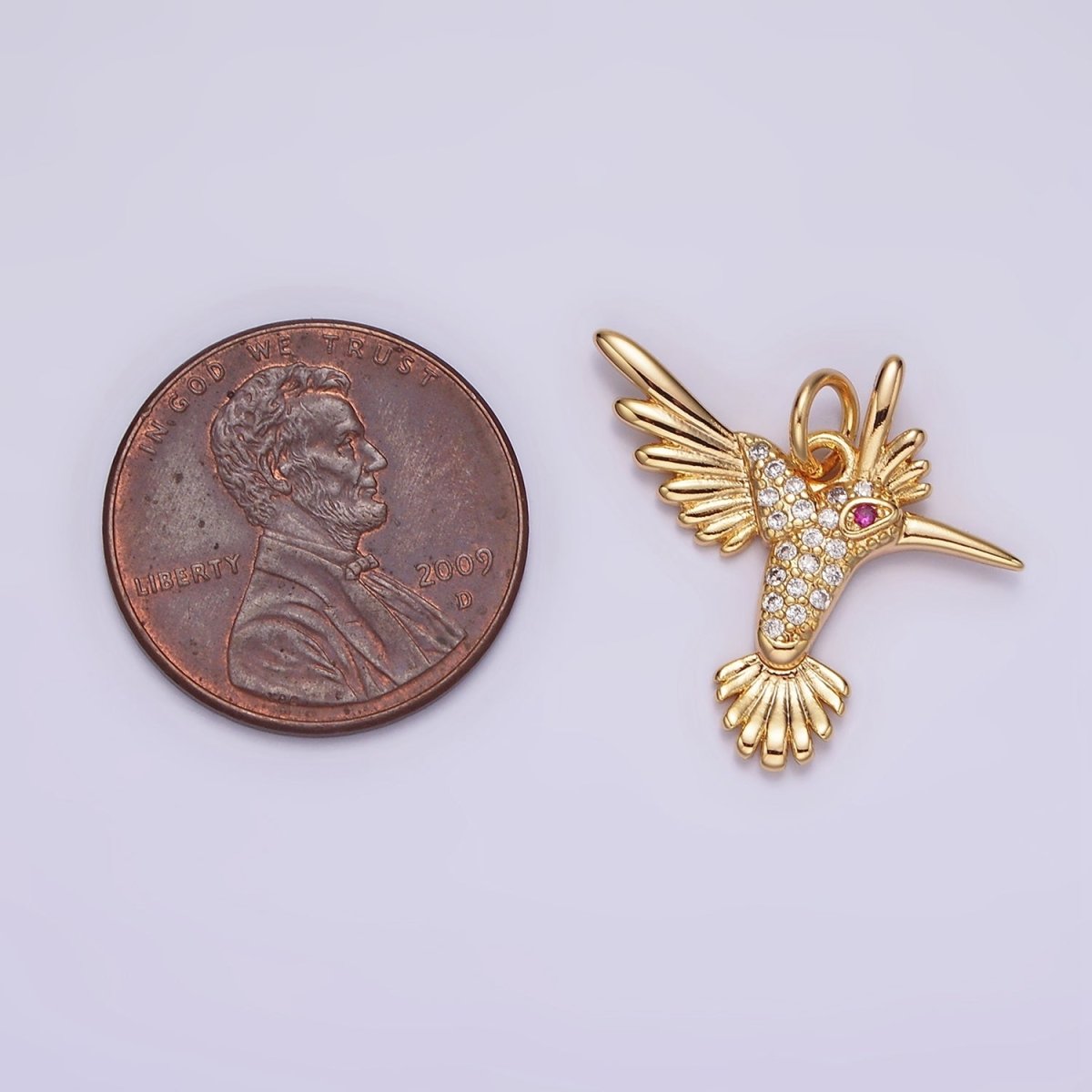 14K Gold Filled Fuchsia-Eyed Micro Paved CZ Flying Bird Charm | AG360 - DLUXCA