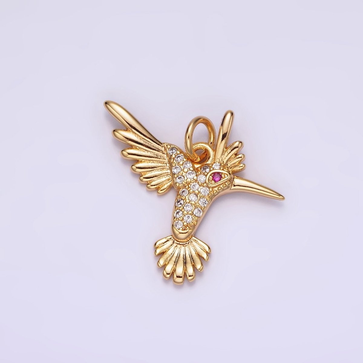 14K Gold Filled Fuchsia-Eyed Micro Paved CZ Flying Bird Charm | AG360 - DLUXCA