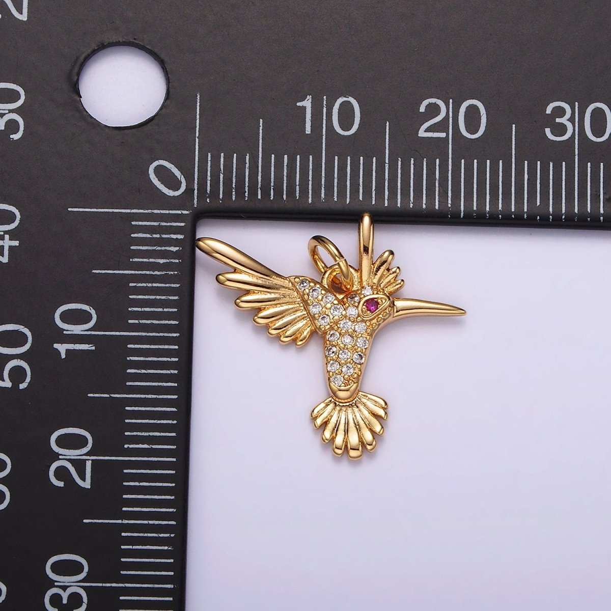 14K Gold Filled Fuchsia-Eyed Micro Paved CZ Flying Bird Charm | AG360 - DLUXCA