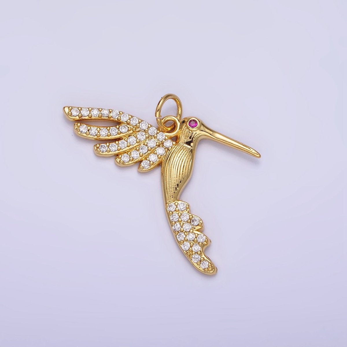 14K Gold Filled Fuchsia-Eyed Micro Paved CZ Lined Bird Animal Charm | AG624 - DLUXCA