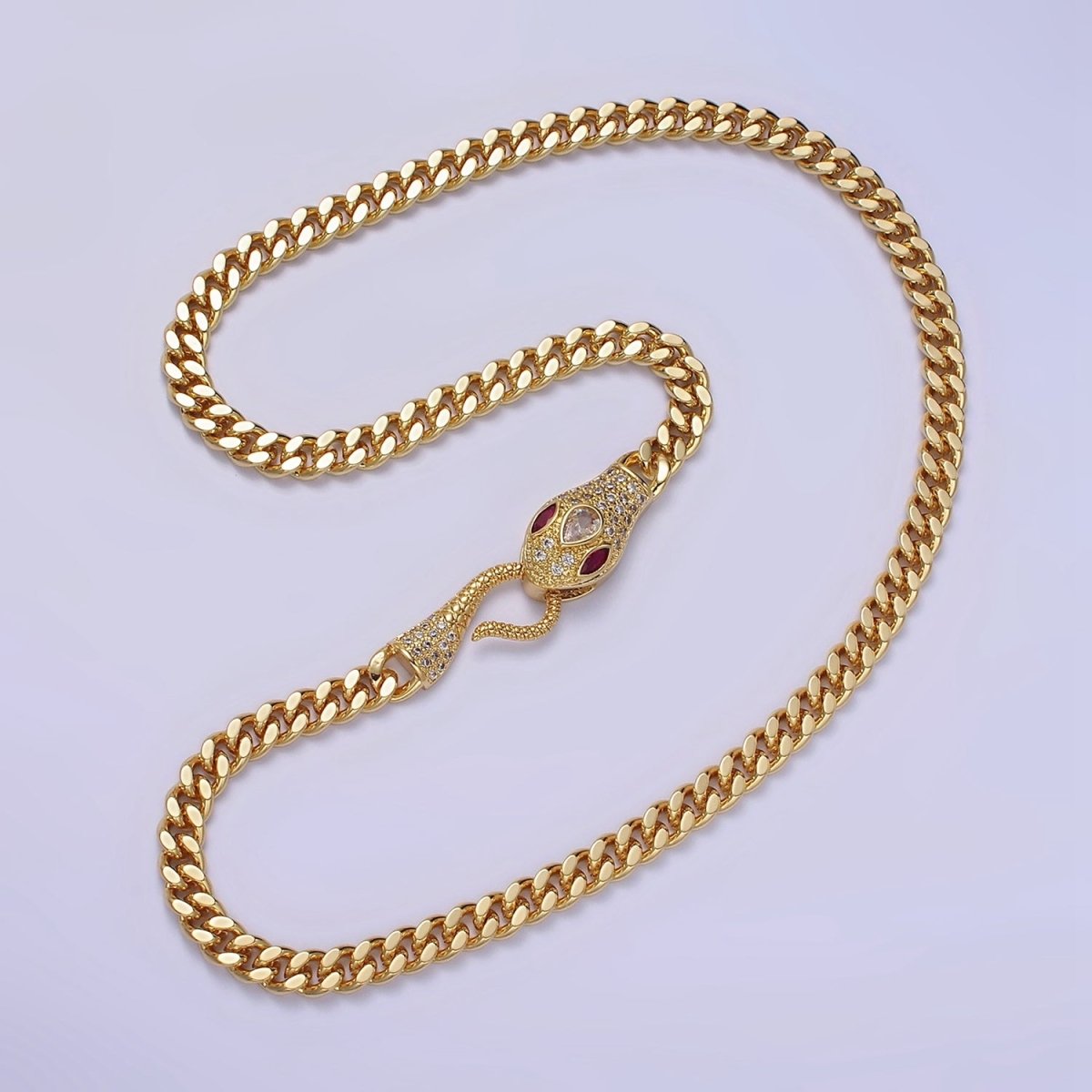 14K Gold Filled Fuchsia, Green Eyed Snake Textured Bite 18 Inch Curb Chain Necklace | WA-2204 - WA-2207 Clearance Pricing - DLUXCA