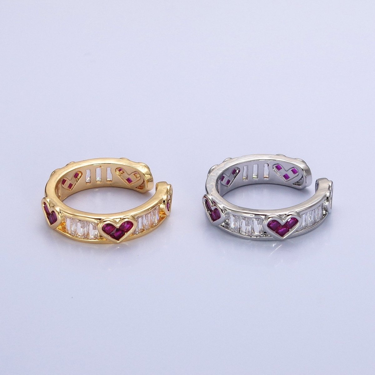 14K Gold Filled Fuchsia Heart Baguette Lined Ring in Gold & Silver | O1835 O1836 - DLUXCA