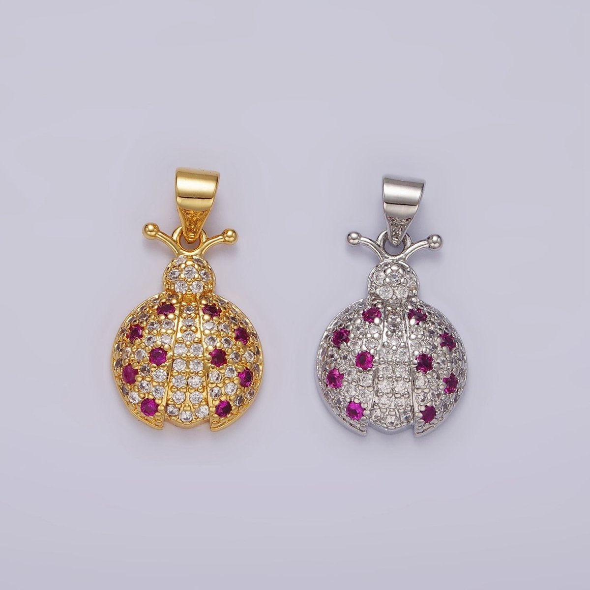 14K Gold Filled Fuchsia Micro Paved CZ Ladybug Insect Animal Pendant in Gold & Silver | N1975 N1976 - DLUXCA