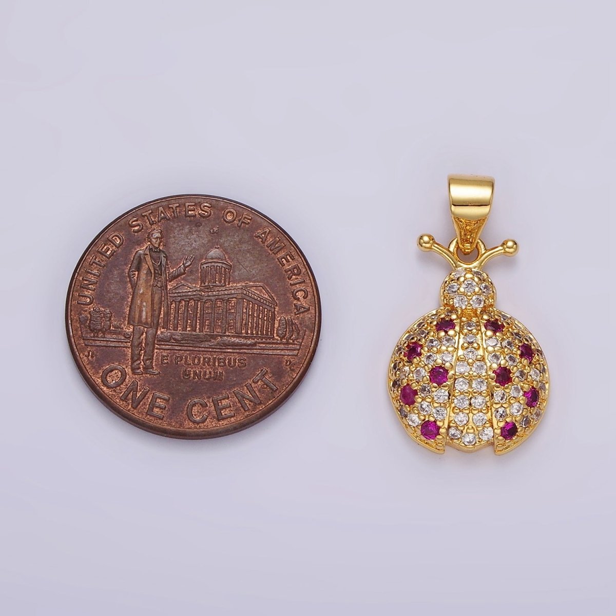 14K Gold Filled Fuchsia Micro Paved CZ Ladybug Insect Animal Pendant in Gold & Silver | N1975 N1976 - DLUXCA