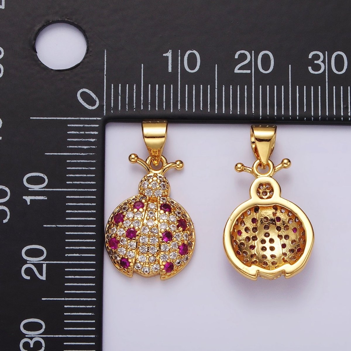 14K Gold Filled Fuchsia Micro Paved CZ Ladybug Insect Animal Pendant in Gold & Silver | N1975 N1976 - DLUXCA