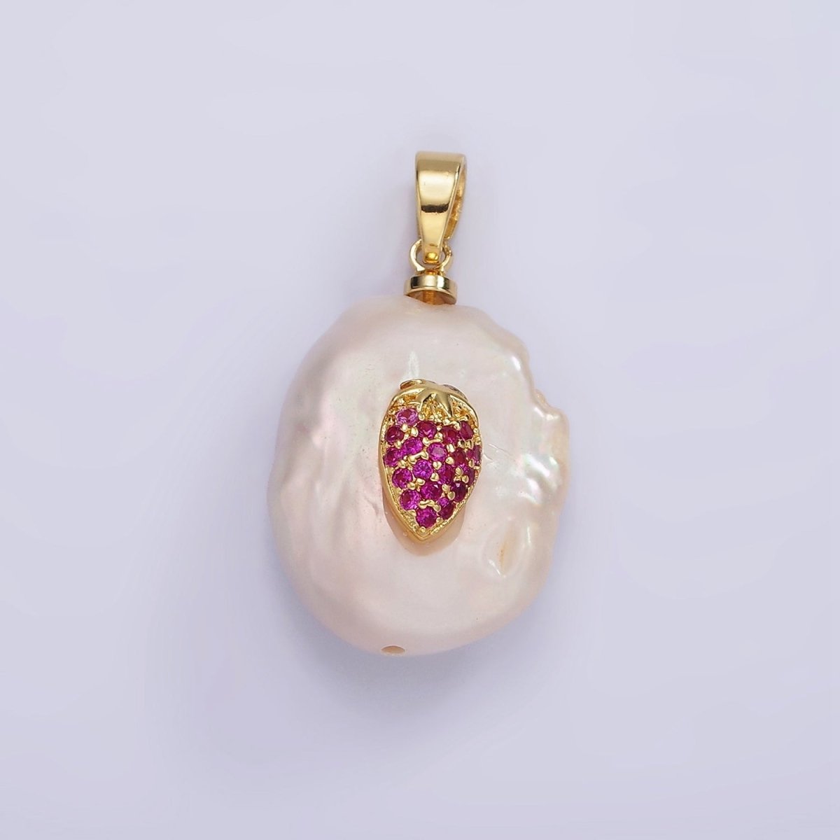 14K Gold Filled Fuchsia Micro Paved CZ Strawberry Freshwater Pearl Pendant | AA1114 - DLUXCA