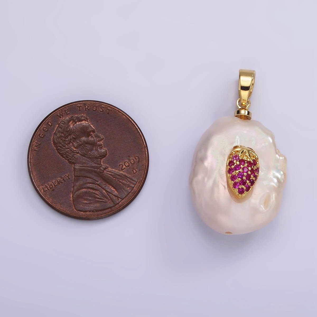 14K Gold Filled Fuchsia Micro Paved CZ Strawberry Freshwater Pearl Pendant | AA1114 - DLUXCA