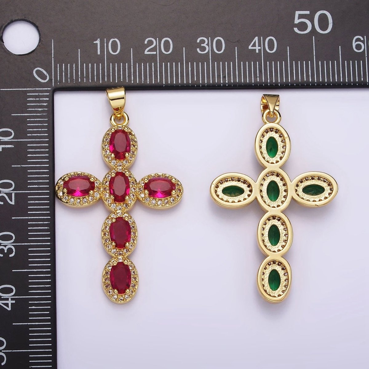 14K Gold Filled Fuchsia, Pink, Green Oval Micro Paved CZ Latin Cross Pendant | AA1095 - AA1096 - DLUXCA