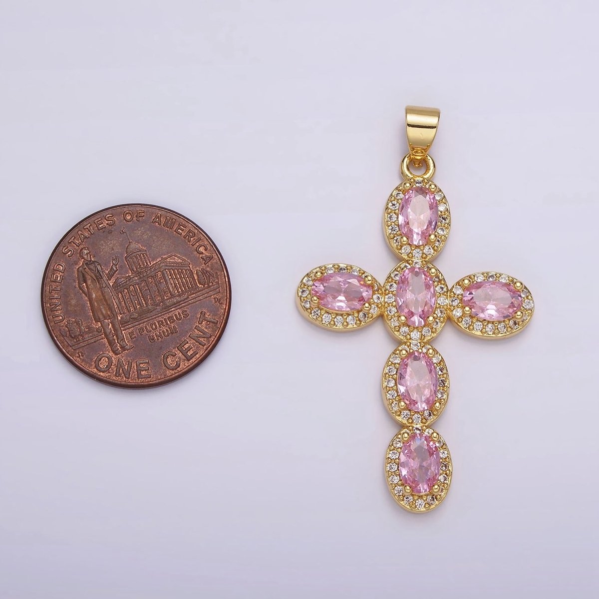 14K Gold Filled Fuchsia, Pink, Green Oval Micro Paved CZ Latin Cross Pendant | AA1095 - AA1096 - DLUXCA