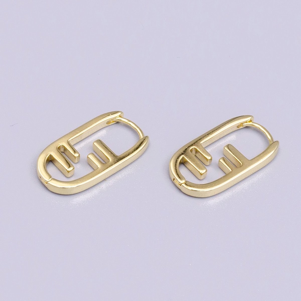 14K Gold Filled Geometric Bar Lined Oblong U-Shaped Hoop Earrings | Y-847 - DLUXCA