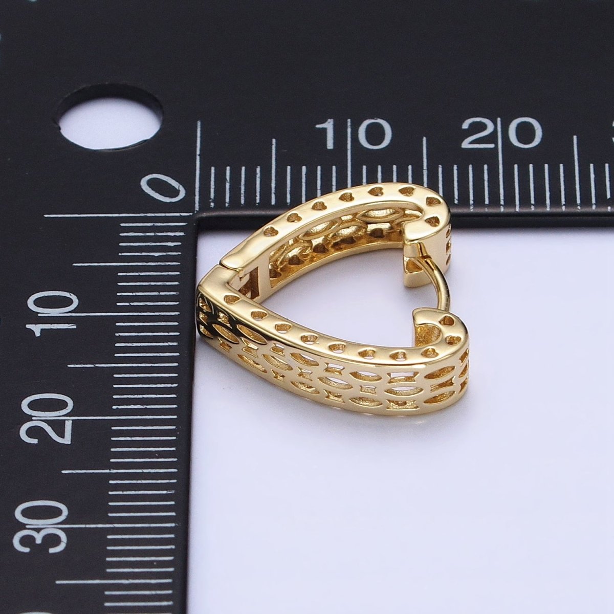 14K Gold Filled Geometric Filigree Heart Huggie Hoop Earrings | AD1530 - DLUXCA