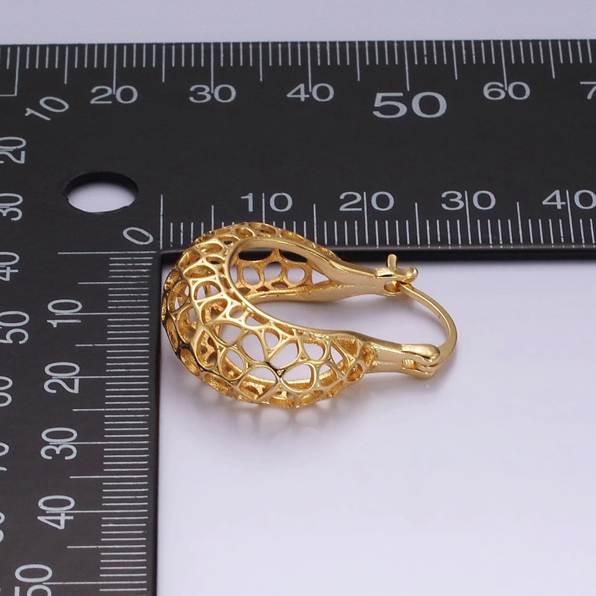 14K Gold Filled Geometric Filigree Open Dome French Lock Latch Hoop Earrings | AE222 - DLUXCA