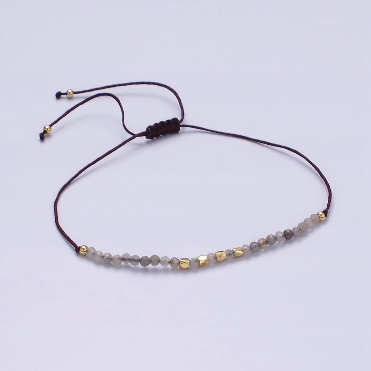 14K Gold Filled Gray Jasper Multifaceted Brown Rope Adjustable Friendship Bracelet | WA-2178 - WA-2180 Clearance Pricing - DLUXCA