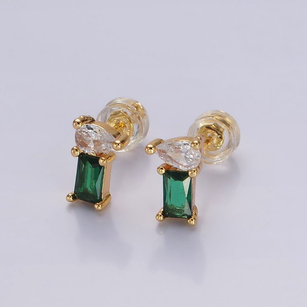 14K Gold Filled Green Baguette Clear Teardrop Stud Earrings Set | AE990 - DLUXCA