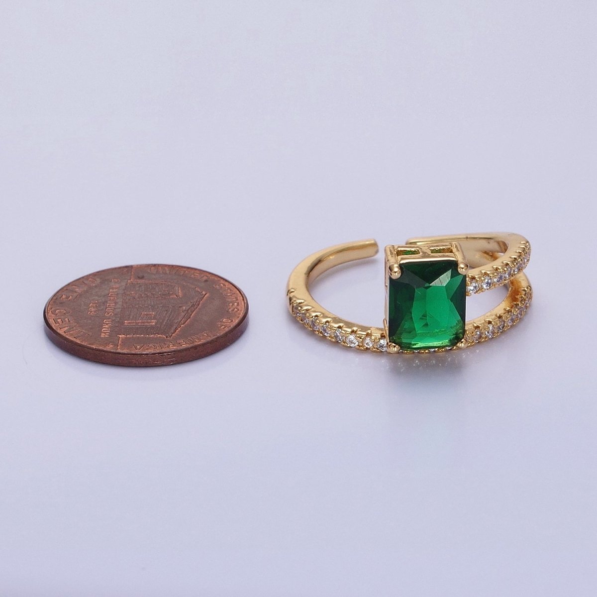 14K Gold Filled Green Baguette Double Band Micro Paved Adjustable Ring in Gold & Silver | O-1561 O-1562 - DLUXCA