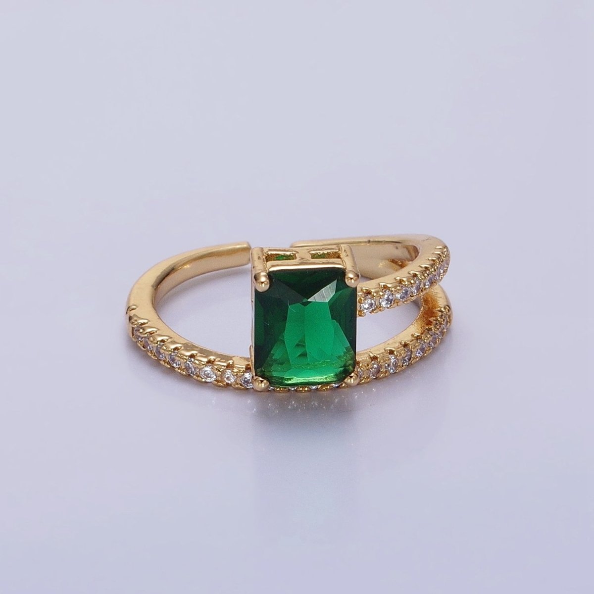 14K Gold Filled Green Baguette Double Band Micro Paved Adjustable Ring in Gold & Silver | O-1561 O-1562 - DLUXCA