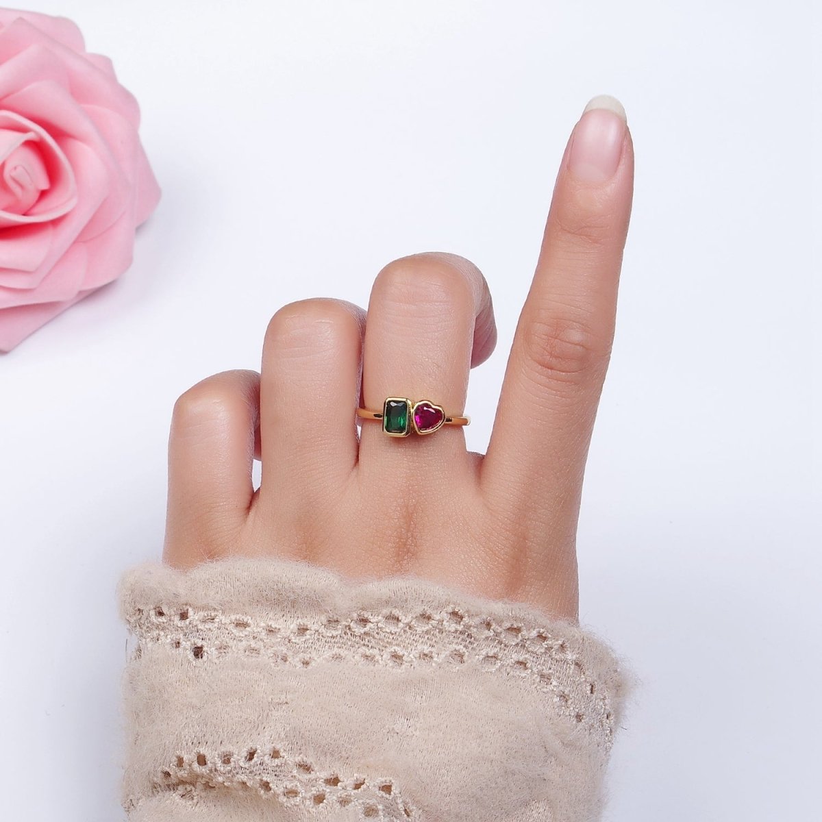 14K Gold Filled Green Baguette Fuchsia Heart Ring | O-580 - DLUXCA