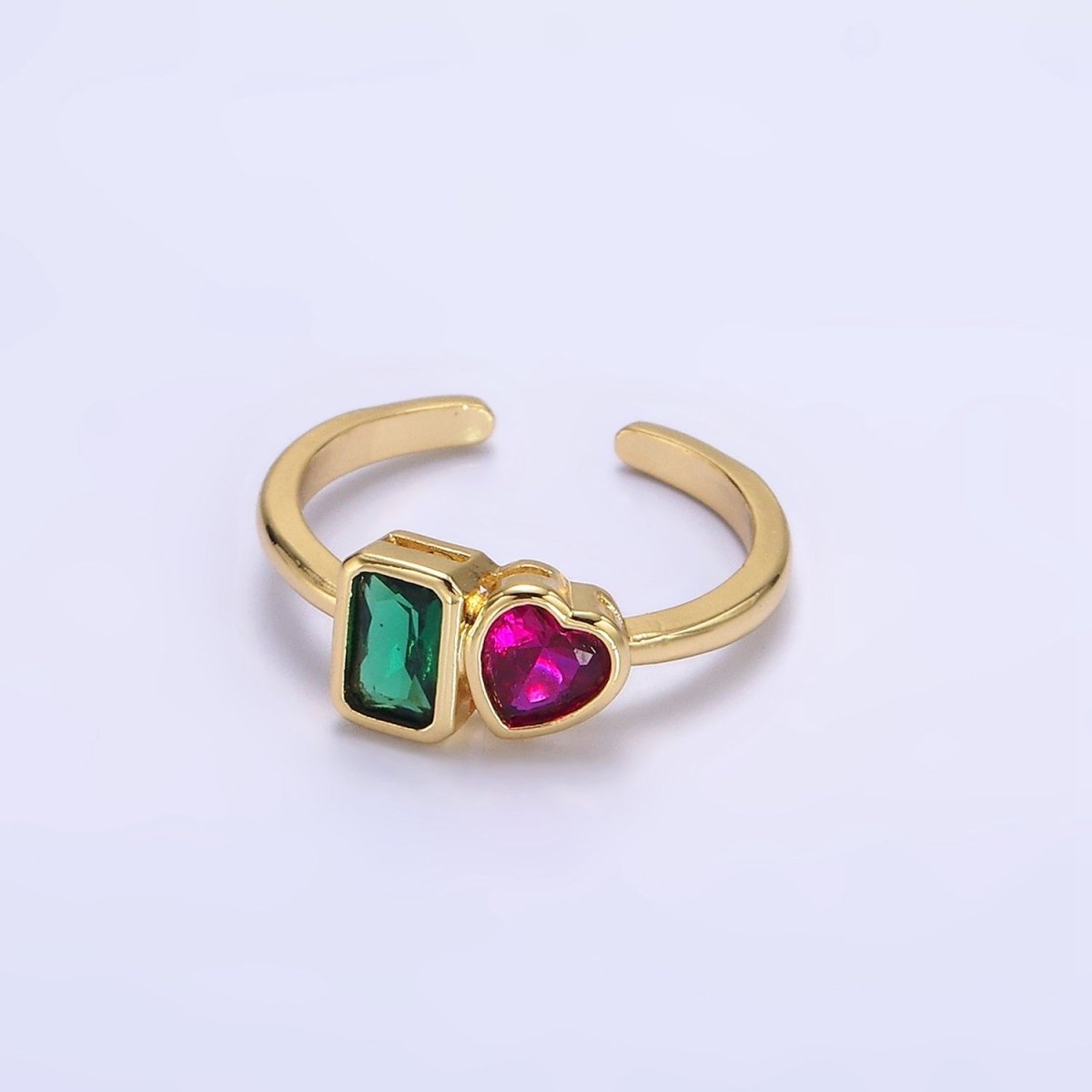 14K Gold Filled Green Baguette Fuchsia Heart Ring | O-580 - DLUXCA