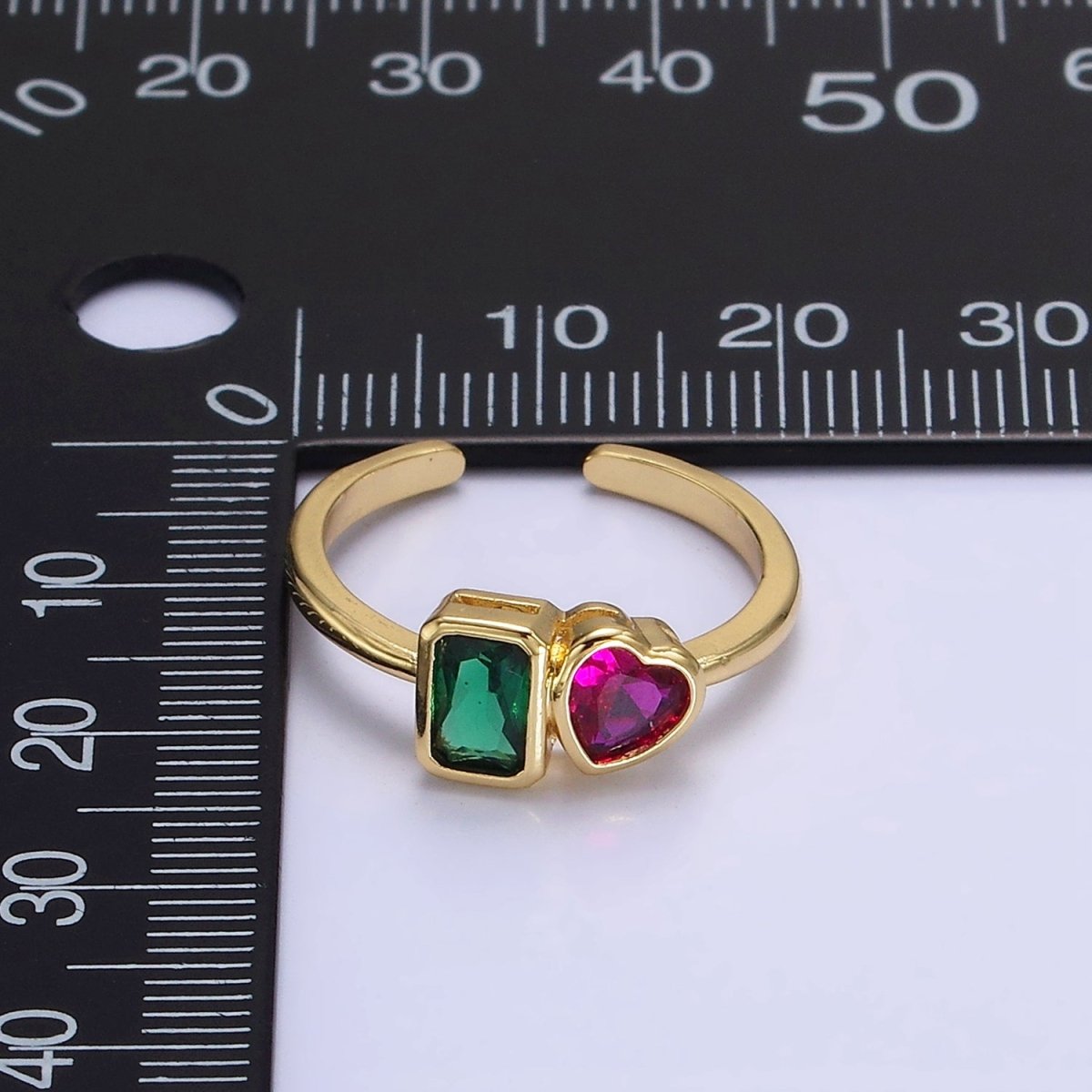 14K Gold Filled Green Baguette Fuchsia Heart Ring | O-580 - DLUXCA
