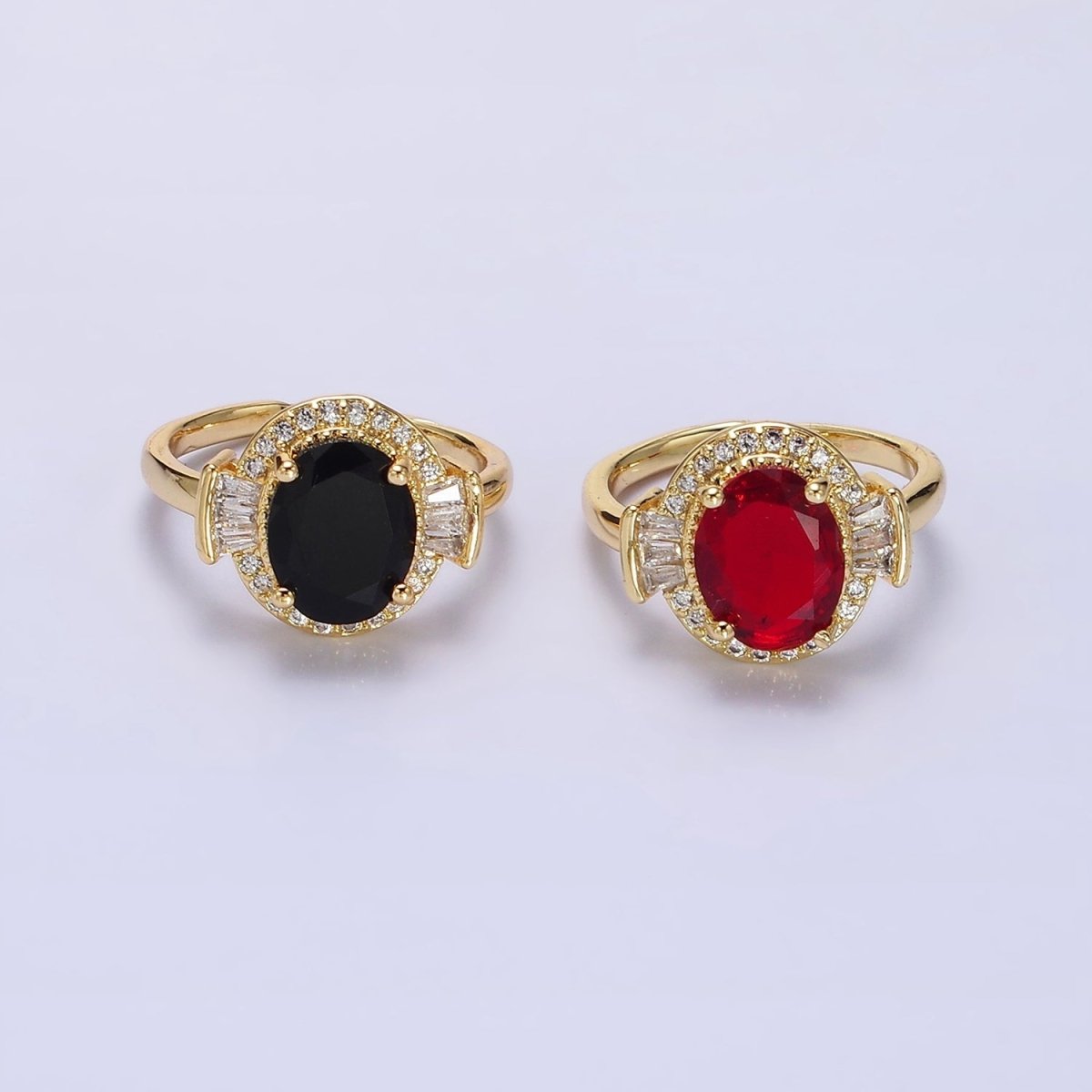 14K Gold Filled Green, Black, Red Oval CZ Baguette Micro Paved Adjustable Solitaire Ring | O-634 ~ O-636 - DLUXCA